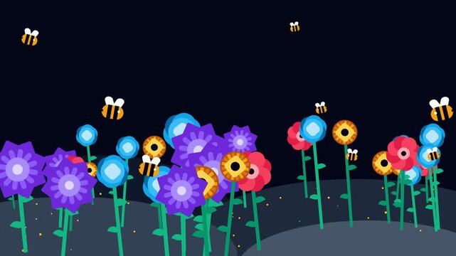 Flat Design Animation of Colorful Flowers and Cute Bees Pollinating in a Garden on Black Background