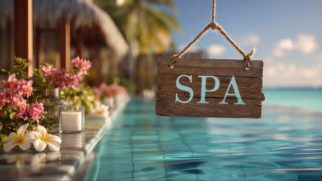 spa hanging sign on tropical pool background animation