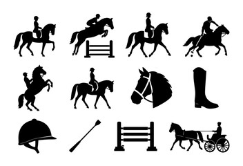 Fototapeta premium Equestrian Sport Silhouette Icon Set – Dressage Jumping Polo Horse Riding Collection