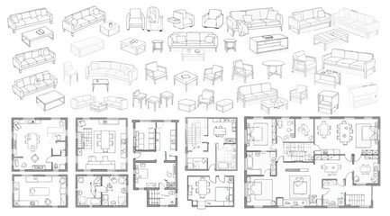 Naklejka premium Collection of furniture and architectural floor plans for interior design