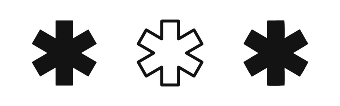 Six pointed star symbol icon set for medical emergency and health care concept
