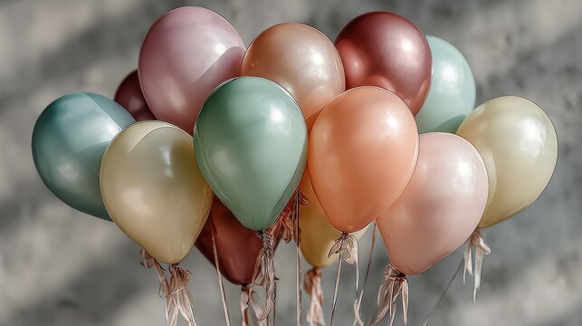 Twelve pastel latex balloons in pink, peach, green, cream, and rosewood tied with ribbons on muted Morandi background, close-up studio shot highlighting texture and natural light
