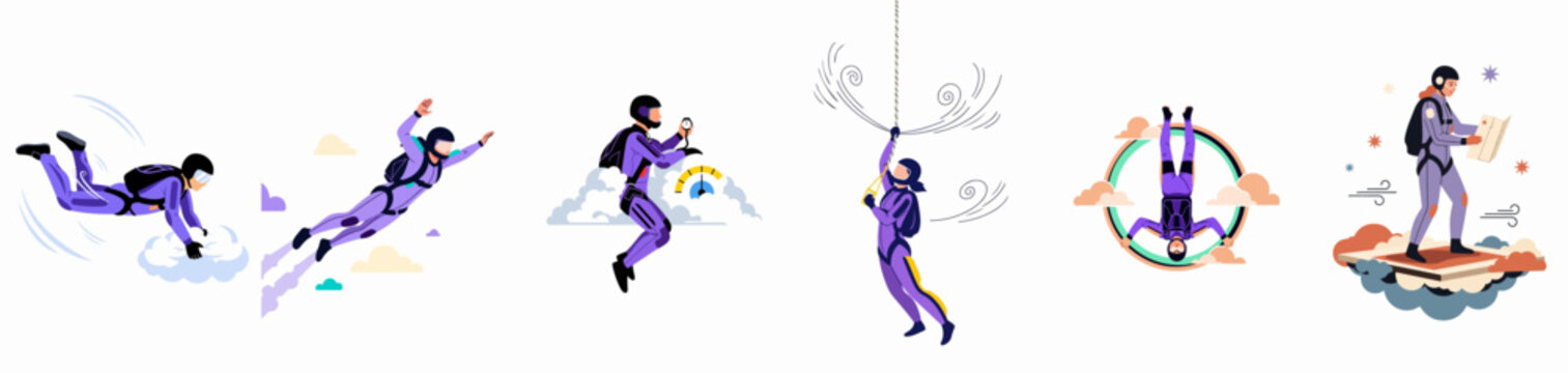 Set of Vector Illustrations Depicting Skydivers and Aerial Adventurers Performing Various Stunts, Navigating Clouds, and Experiencing Extreme Flight Sports Activities.