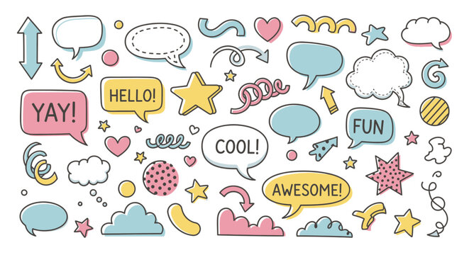 Colorful cartoon speech bubbles stickers.