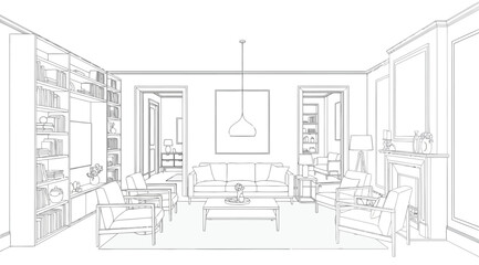Interior design sketch of a classic living room with fireplace and bookshelves © Saharia