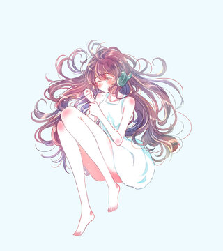 ヘッドホンをして寝転がる女の子　目を閉じる　涙