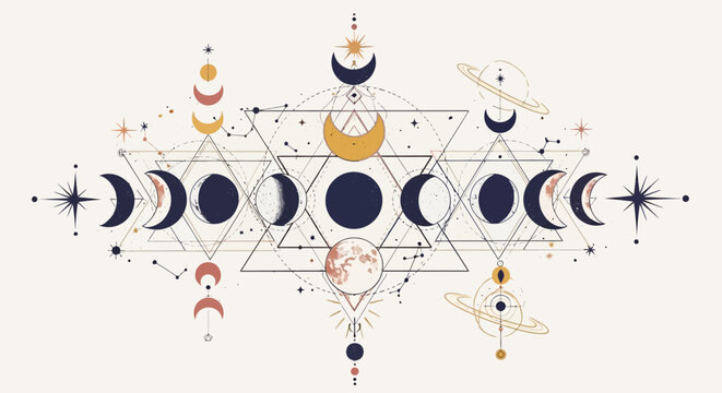 Celestial Moon Phases and Sacred Geometry Illustration