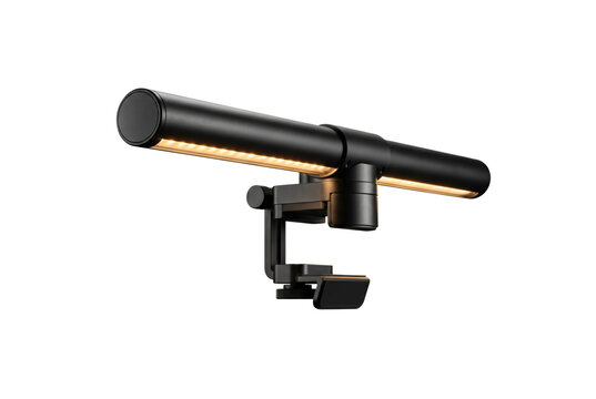 Black LED monitor light bar with desk clamp isolated. Ergonomic office lighting.