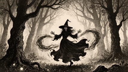 Fototapeta premium Dark Fantasy Illustration of a Witch Casting Magic Spells in a Misty Forest