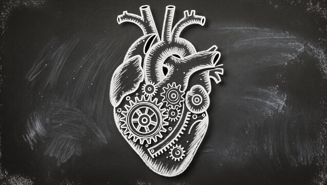 Detailed Chalk Drawing of a Human Heart with Mechanical Gears and Cogs Inside