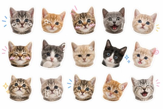 Cute kitten sticker set with different emotions, kawaii cat faces collection, playful expressions isolated on white background, cartoon style design