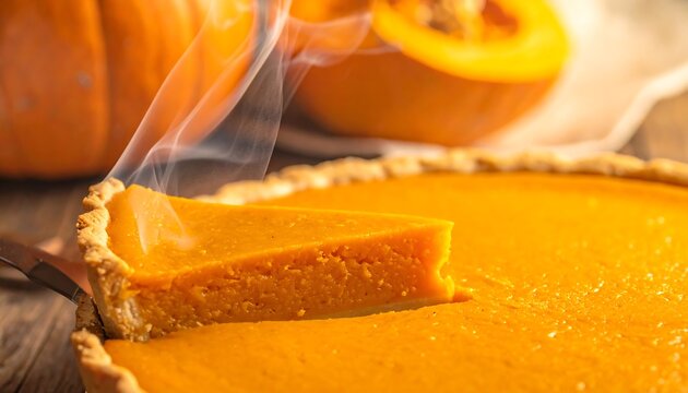 A slice being lifted from a steaming hot pumpkin pie on a table with pumpkins.