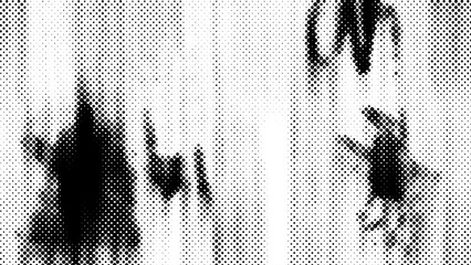 Dark gothic abstract background with halftone dots and mysterious hand drawn shapes. Creative horror aesthetic for edgy lifestyle designs featuring grainy textures and urban street art elements. © dirtyfellas
