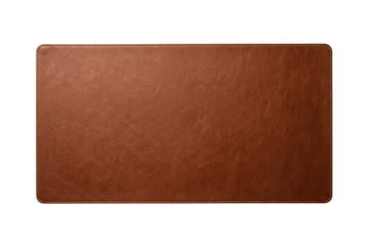 Brown leather desk mat with stitching. Office workspace accessory.