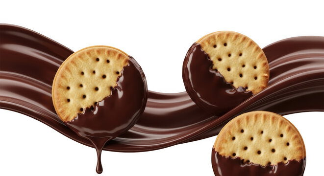 Chocolate covered cookies on a wooden surface isolated on transparent background
