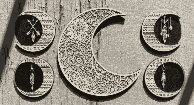 Intricate Wooden Crescent Moon and Tribal Mandala Wall Art Decor