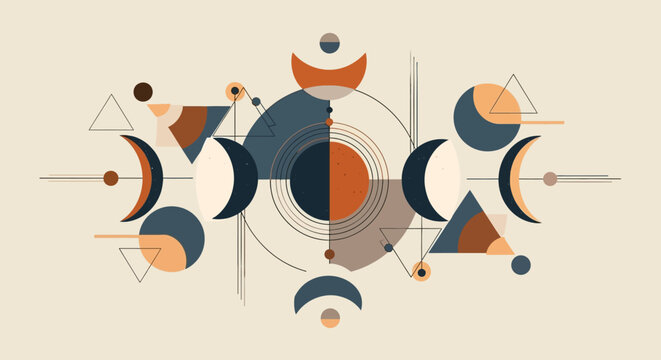 Geometric Moon Phases Abstract Art with Celestial Elements and Earth Tones