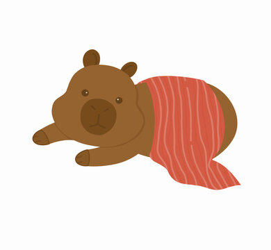 Cozy capybara character staying warm under red blanket illustration