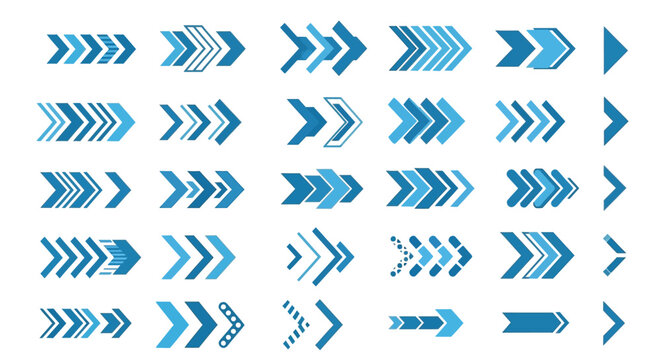 Modern blue arrow vector collection featuring diverse geometric shapes and stylish directional pointers designed for professional business presentations or web interface layouts that require clear nav