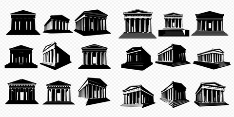 Obraz premium Set of ancient Greek temple silhouettes, showcasing various architectural styles and perspectives, ideal for historical and classical design projects.