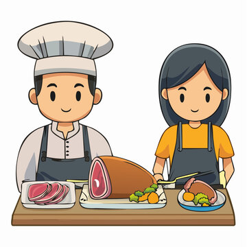 Cartoon chefs preparing a large roast ham and sliced meat