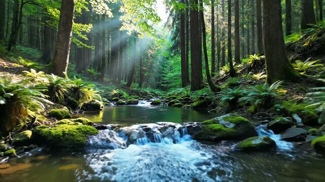 Forest stream with sunlight symbolizing tranquility, harmony, and natural balance
