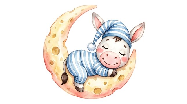 Cute donkey sleeping on crescent moon clip art watercolor illustration for children's designs