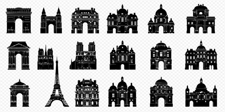 Collection of iconic Paris landmarks and famous French architectural monuments in black silhouette vector icons.