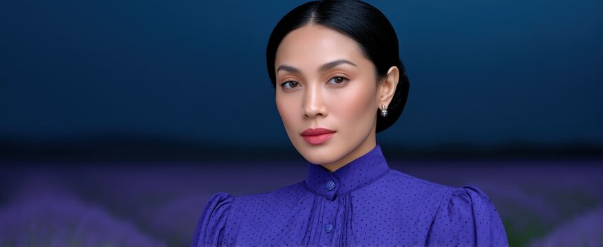 Kain jatuh cantik dalam nuansa ungu muda dan lavender lembut.