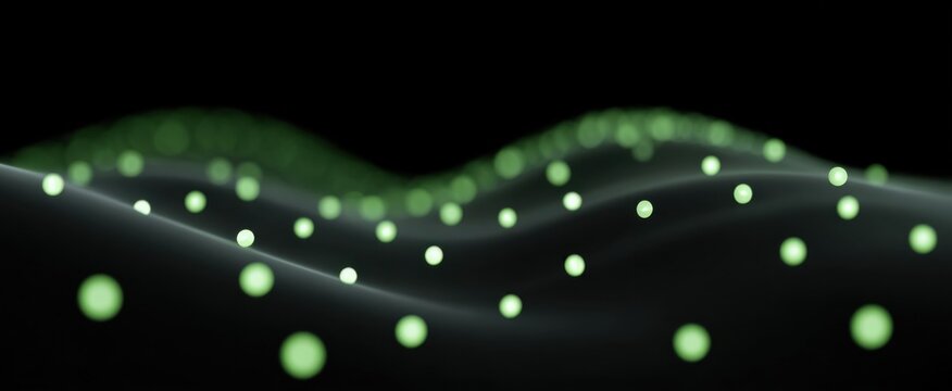 Luminous green digital wave on a modern technology background showcases dynamic data transmission patterns.