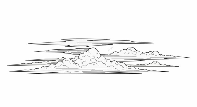 Stylized, layered cloud formations rendered in a black and white outline style