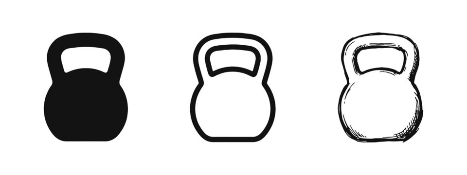 Kettlebell Weight Fitness Icon Set in Solid Outline and Doodle Styles