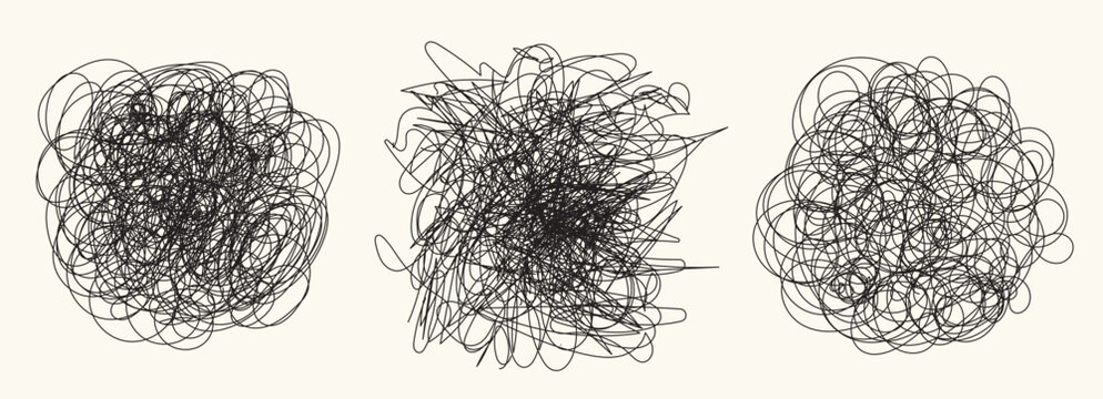 Set of chaotic, tangled crazy line elements. Hand drawn abstract scribbles with random black irregular intersecting lines for expressive vector design. Scrawl messy lines, expressive linework sketches