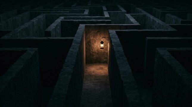 Lantern shining at the end of a dark stone maze. Concept of searching for a solution, finding hope in a difficult situation, and overcoming obstacles in life path and decision.