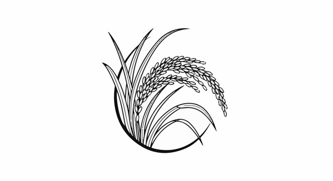 Stylized black and white sketch of rice stalks in a circular frame