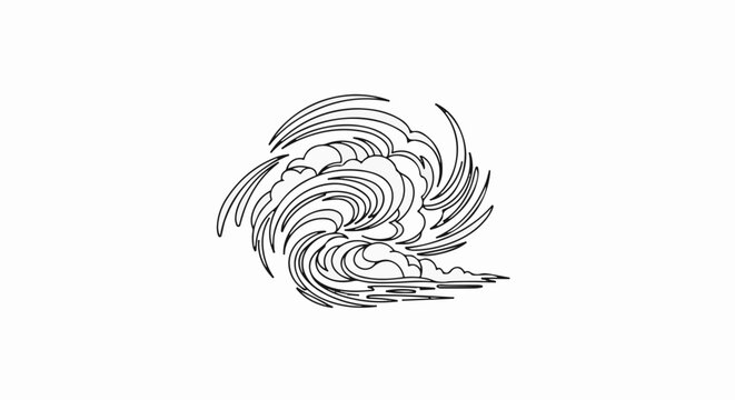 Stylized black and white line art of a swirling vortex of clouds and waves