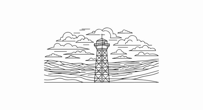 Stylized black and white line art of a tower amidst rolling hills and clouds