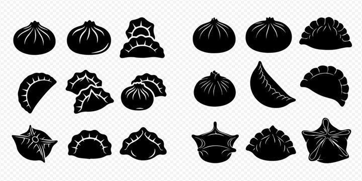 Set of various Asian dumplings and buns, including dim sum, bao, and gyoza, in black silhouette icons on a transparent background.