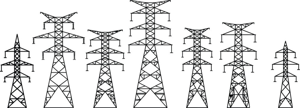 Set of electric transmission towers silhouettes high voltage power pylons collection energy infrastructure vector illustration