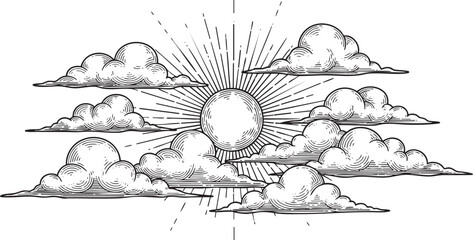 Vintage sun and clouds line art illustration, hand-drawn vector sunburst with clouds in engraving style © Sadiadesigner