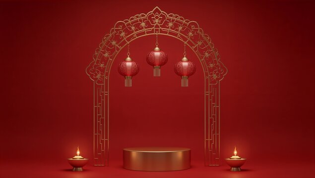 Chinese archway with red lanterns and candles