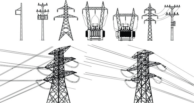 Electric power transmission towers and utility poles vector set high voltage lines infrastructure engineering illustration