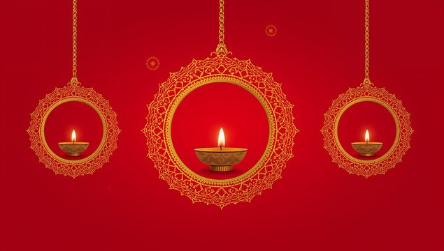 Three hanging diyas with lit candles on red background