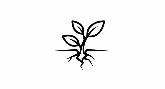 Stylized black and white icon of a plant sprouting from cracked earth