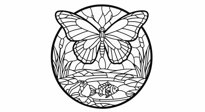 Stained glass roundel with butterfly, frog, fish, reeds, and water