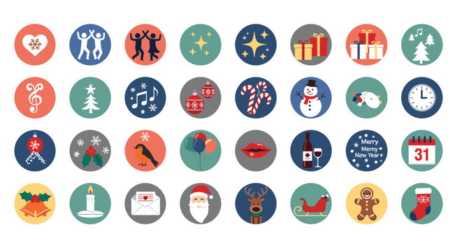 Comprehensive set of colorful Christmas and winter holiday icons featuring festive symbols like Santa, reindeer, ornaments, and snowflakes.