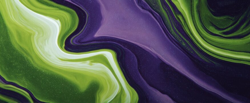 Vibrant green and purple liquid swirls create a glossy marble effect for technology visuals.