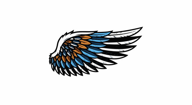 Stylized bird wing with layered feathers in blue, brown, and white