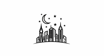Obraz premium Stylized black and white city skyline under a moon and stars