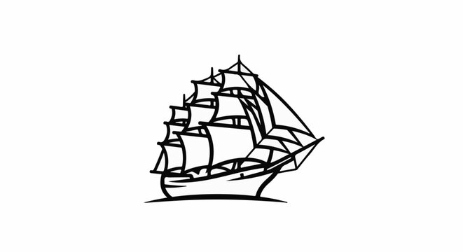 Stylized black and white illustration of a multi-masted sailing ship with full sails